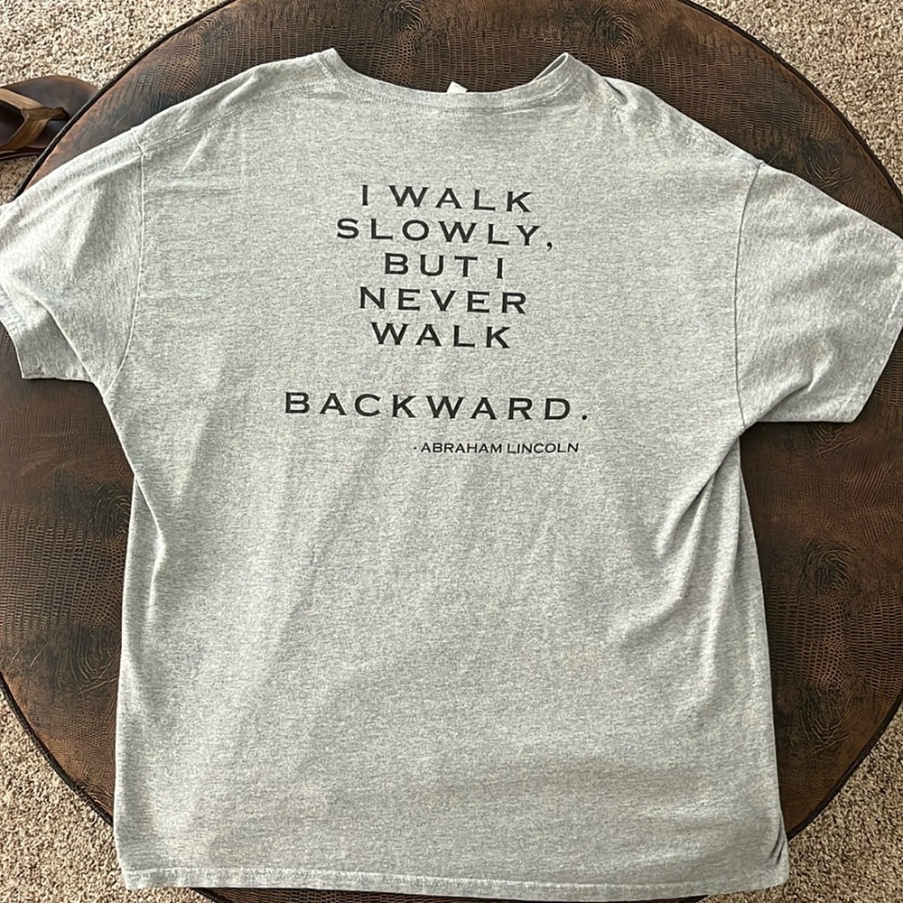 Grey YMCA shirt with Abe Lincoln quote on the back size XL